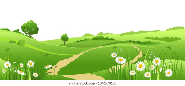 Summer or spring landscape for design banner, ticket, leaflet, card, poster and so on. Green grass, blue sky and a tree scenery.