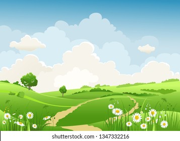 Summer or spring landscape for design banner, ticket, leaflet, card, poster and so on. Green grass, blue sky and a tree scenery.