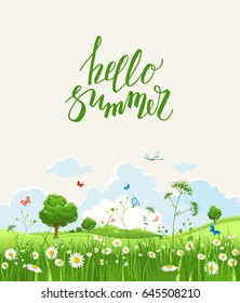 Summer or spring landscape for design banner, ticket, leaflet, card, poster and so on. Green grass and flowers scenery.