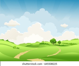 Summer or spring landscape for design banner, ticket, leaflet, card, poster and so on. Green grass and flowers scenery.