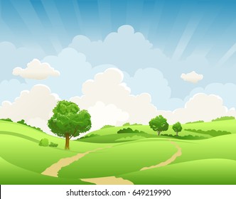 Summer or spring landscape for design banner, ticket, leaflet, card, poster and so on. Green grass and flowers scenery.