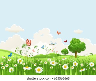 Summer or spring landscape for design banner, ticket, leaflet, card, poster and so on. Green grass and flowers scenery.