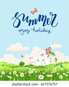 Summer or spring landscape for design banner, ticket, leaflet, card, poster and so on. Green grass and flowers scenery.