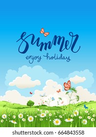 Summer or spring landscape for design banner, ticket, leaflet, card, poster and so on. Green grass and flowers scenery.