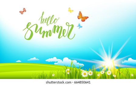 Summer or spring landscape for design banner, ticket, leaflet, card, poster and so on. Green grass and flowers scenery.