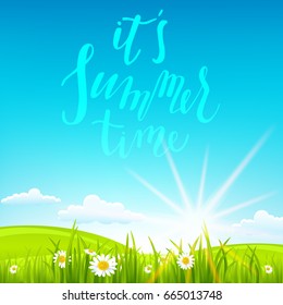 Summer or spring landscape for design banner, ticket, leaflet, card, poster and so on. Green grass and flowers scenery.