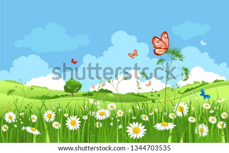 Summer or spring landscape for design banner, ticket, leaflet, card, poster and so on. Green grass, blue sky and flowers scenery.