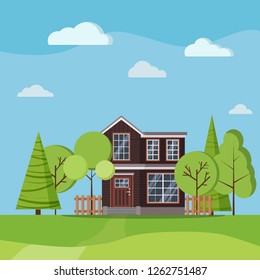 Summer or spring landscape with farm two-storied house with fences, green trees, spruces, clouds, road in cartoon flat style. Vector nature background illustration.