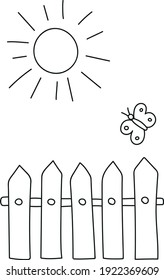 summer or spring landscape fence sun and flying butterfly in doodle style