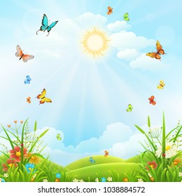 Summer or spring landscape with green grass, flowers and butterflies scenery