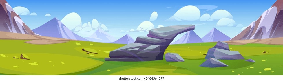 Summer or spring landscape with green grass on valley with large stones surrounded by mountains. Cartoon vector scenery with meadow, rocky hills and blue sky with clouds. beautiful countryside park.
