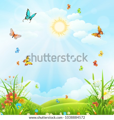 Summer or spring landscape with green grass, flowers and butterflies scenery