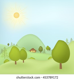 Summer spring landscape with a house in the hills