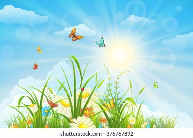 Summer and spring landscape, meadow with flowers, blue sky and butterflies