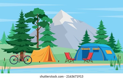 Paisaje de verano o primavera con carpas de montaña, bosque, lago y camping. Concepto de campamento turístico. ... Cartel vector o ilustración de afiches.