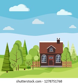 Summer or spring landscape nature scene with country house with a tiled roof and chimney, fences, road, green trees, spruces clouds in flat cartoon style. Summer vector background illustration.