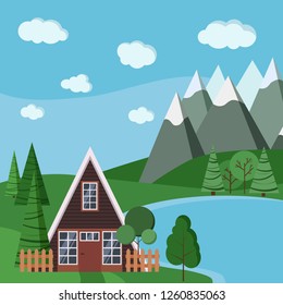 Summer or spring landscape scene with a-frame house with fences, green trees, spruce, clouds, road, mountains and lake in cartoon flat style. Vector tranauil landscape background illustration.
