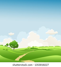 Summer or spring landscape with tree for design banner, ticket, leaflet, card, poster and so on. Green grass and blue sky seasonal scenery.