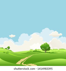 Summer or spring landscape with tree for design banner, ticket, leaflet, card, poster and so on. Green grass and blue sky seasonal scenery.