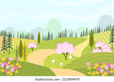 Summer or Spring landscape with trees, mountains, fields, leaves, flowers, sakura trees and sheeps. Vector illustration in flat style. Nature. Cute vector illustration of landscape natural background