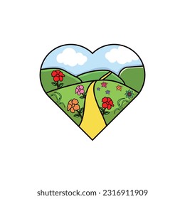 summer or spring landscape with vector illustration, countryside landscape with mountains, meadows, and fields.