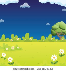 Summer and spring landscapes with trees, flowers, and green meadows under a bright sky background illustration design for copy space