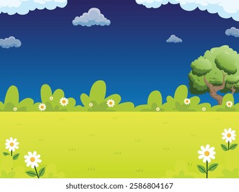 Summer and spring landscapes with trees, flowers, and green meadows under a bright sky background illustration design for copy space