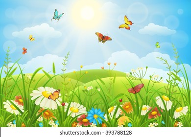 Summer or spring lush meadow with colorful flowers and butterflies