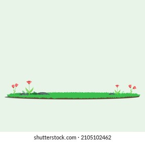 Sommer- oder Frühjahrswiese, Blumen mit Gras. Vektorgrafik von flachem Konzept Blumenlandschaft. Feld mit grünem Rasen und roten Tulpen von Seiten. Die Natur im Cartoon-Stil. Dekorativer Hintergrund