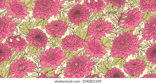 Verano o primavera pradera plantas sin patrón. Abstractas flores de color rosa artístico y hoja peonías impresión de dalias. Vector dibujado ilustración. Ornamento colorido de la naturaleza para los diseños, tela, textiles