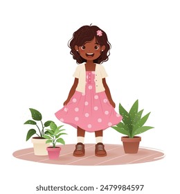 Summer or spring mood. Cute little girl smiling and standing in a dress with houseplants in flowerpots. This cartoon vector illustration is perfect for childish designs and prints.