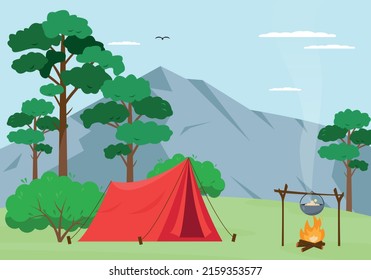 Paisaje montañoso de verano o primavera con tienda de campaña y fuego. Naturaleza rural. Turismo, expedición, viajes, explorar el concepto. Esparcimiento al aire libre. Ilustración vectorial.