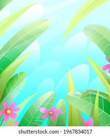 Summer or spring nature frame background with leaves grass and flowers over the blue sky. Green spring garden or summertime scenery vector illustration.