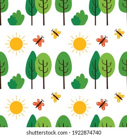 Summer or spring nature landscape vector seamless pattern background with green trees, shining sun and butterflies.
