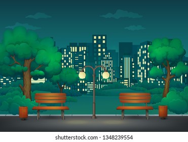 Summer, spring night park. Two benches with trash cans and street lamp on a park trail with lush green trees and bushes. Green meadows, cityscape with skyscrapers and dark blue sky with clouds.