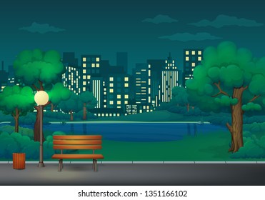 Summer, spring night park vector illustration. Wooden bench, trash bin and street lamp on an asphalt park trail with lush green trees, bushes, lake and cityscape with skyscrapers in the background.