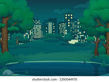 Summer, spring night vector illustration. Lake or river with lush green trees and bushes. Green hills, meadows, cityscape with skyscrapers and dark blue sky with clouds in the background.