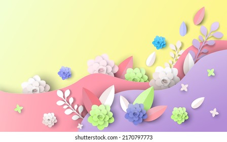 Fondo floral de verano o primavera. Naturaleza fresca, floración pero y deja ilustraciones vectoriales de arte artesanal. Banner floral, afiche, volante o plantilla de tarjeta con espacio de copia