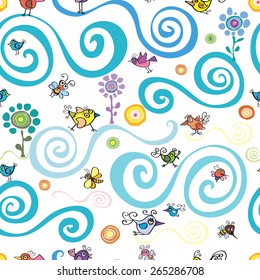 summer, spring pattern with birds, bees and butterflies