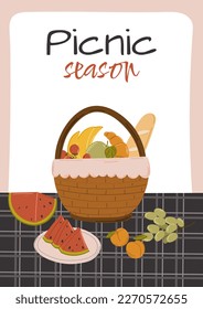 Summer or spring picnic poster or invitation card with tasty food and leisure things. Editable vector illustration isolated on white.
