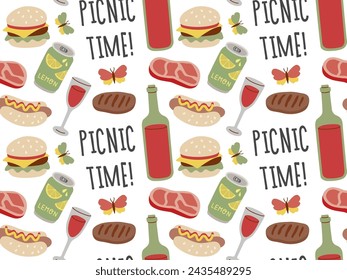 Verano y primavera Picnic patrón sin fisuras. Vino, filete, hamburguesa, perrito caliente. Ilustración vectorial de alimentos y bebidas.