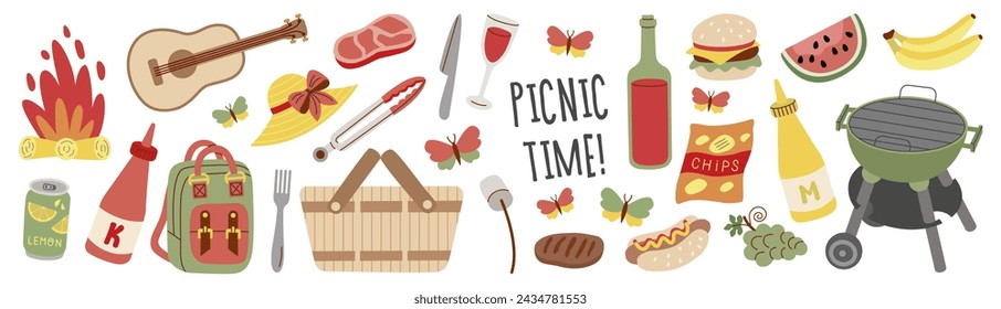 Summer and Spring Picnic set. Delicious Snack. Fresh vegetables and fruits, sandwiches. Food and Drinks illustration.