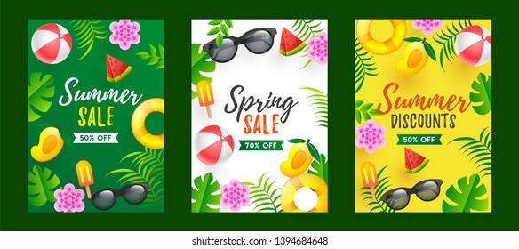 Summer and Spring Sale template or flyer design with different discount offer in three color option.