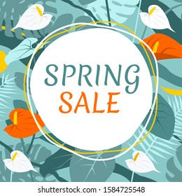 Summer, Spring Sale Vector Banner With Copy Space On Background With Tropical Flowers. 