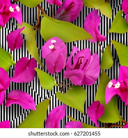 Summer or spring seamless pattern with purple tropical flowers, fallen petals and leaves on a black and white striped background. Realistic plants. Bougainvillea. Vector illustration EPS 10