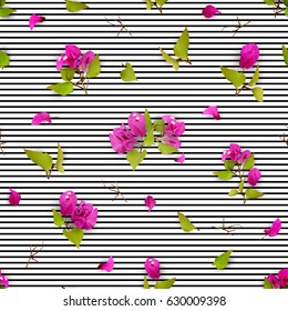 Summer or spring seamless pattern with purple tropical flowers, fallen petals and leaves on a white background. Realistic plants. Bougainvillea. Vector illustration EPS 10