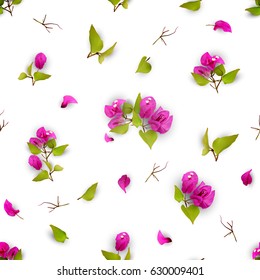 Summer or spring seamless pattern with purple tropical flowers, fallen petals and leaves on a white background. Realistic plants. Bougainvillea. Vector illustration EPS 10