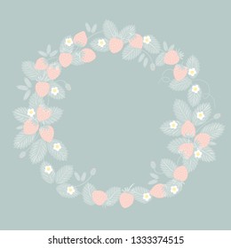 Summer or spring season frame with strawberry, leaves and flowers. Decoration element for cards and seasonal decor. Frame background pasterl pink and blue colors