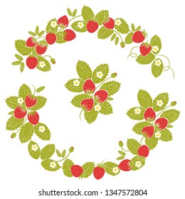 Summer or spring season frame with strawberry, leaves and flowers. Decoration element for cards and seasonal decor. Frame background brightl red and green colors