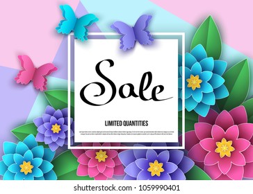  Summer or spring   season  sale banner with flowers, leaves and butterflies. Trendy floral colorful background. Vector paper cut  graphic design elements for promotion offer, fashion, greeting card.